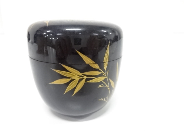  古物　笹・桐模様　漆蒔絵　中棗